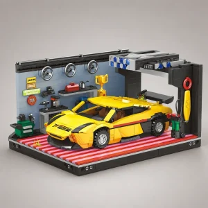 Gele auto in garage | Bouwsteentjes