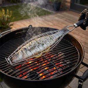 Cheqo® Visgrill - Visrooster - Visklem - BBQ - Barbecue - Klemrooster - Grillklem - Grillmand voor Vis Grillen - Barbecue Accessoire - Vishouder - Vistang - Chroom - Zwart - BBQ Gereedschap - Vissen Roosteren - Barbecue Rooster - Grill