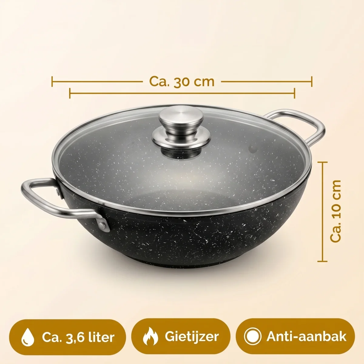 Cheqo® Wokpan Gietijzer - Wok met Glazen Deksel en Aromaknop - Inductie - PFAS Vrij - Anti-Aanbak - Marmeren Coating - voor Alle Warmtebronnen - Gas, Keramisch en Halogeen - Grillrooster, Spatel en Bamboestokjes - Wadjan - BBQ Wok - Afbeelding 6