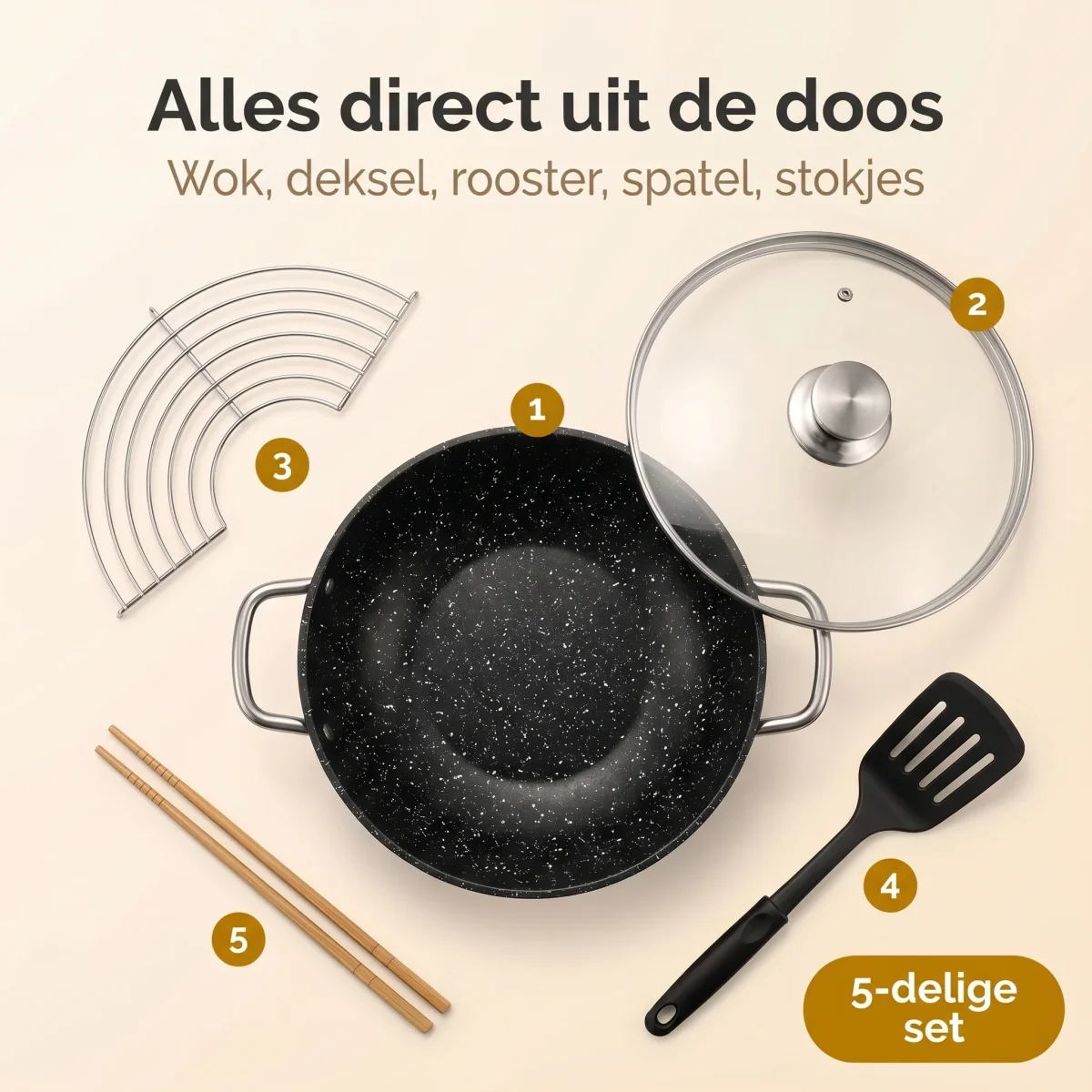 Cheqo® Wokpan Gietijzer - Wok met Glazen Deksel en Aromaknop - Inductie - PFAS Vrij - Anti-Aanbak - Marmeren Coating - voor Alle Warmtebronnen - Gas, Keramisch en Halogeen - Grillrooster, Spatel en Bamboestokjes - Wadjan - BBQ Wok - Afbeelding 7